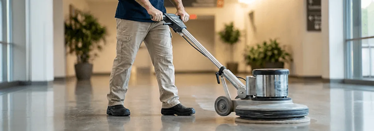 Professional technician using an industrial floor buffer to polish and maintain shiny commercial flooring in a corporate hallway in Gilbert, AZ.