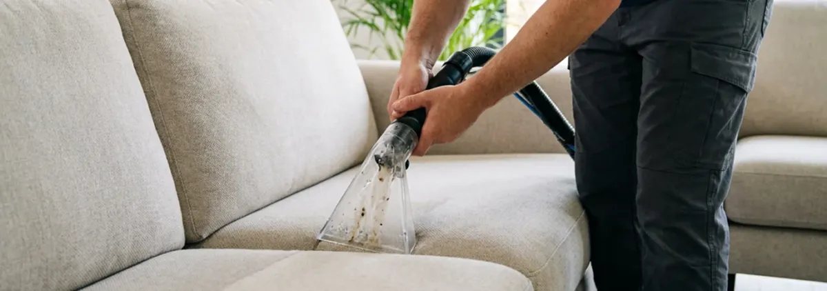 Technician extracting dirt and moisture from a fabric sofa with an upholstery cleaning wand, Gilbert, AZ.